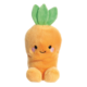 Plüschfigur in Form einer Karotte mit grünen Blättern oben, lächelnd und mit rosafarbenen Wangen.