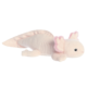 Plüschaxolotl in sanften Rosa- und Beigetönen mit großen Augen und auffälligen Kiemen.