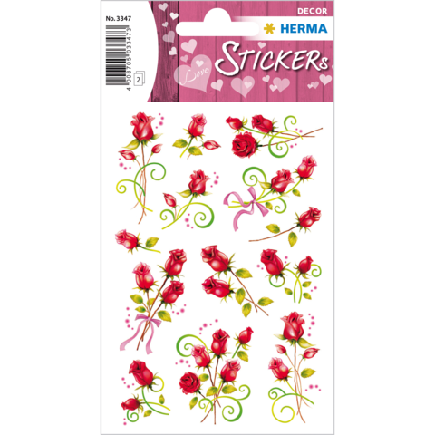 Ein Bogen mit Aufklebern, der verschiedene rote Rosen und dekorative Elemente zeigt, ideal für Bastelprojekte oder Geschenke.