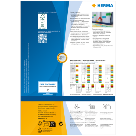 Rückseite eines Produkts von HERMA mit Informationen zu Etiketten, Software und Anwendungsbeispielen. Enthält QR-Code und Farbcodes.