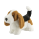 Plüschhund im Beagle-Stil mit braunen und schwarzen Flecken, aufrecht stehend mit einem wedelnden Schwanz.