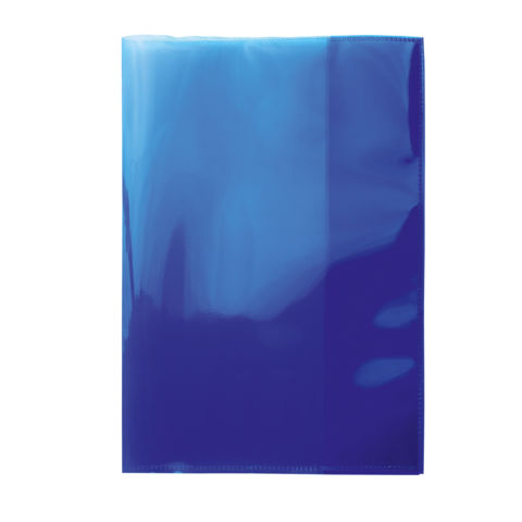 Ein blauer, glänzender Ordner mit einer glatten Oberfläche, der in aufrechter Position steht.