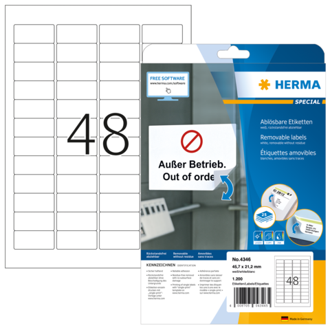 Packung mit ablösbaren Etiketten, die die Aufschrift "Außer Betrieb" tragen. Enthält 48 Etiketten auf einem Bogen.