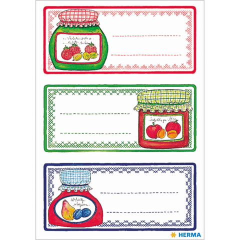 Drei Etiketten für Marmeladengläser in verschiedenen Farben mit Platz für Beschriftungen und Illustrationen von Früchten.