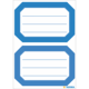 Zwei leere Etiketten mit blauen, gestreiften Rahmen, bereit zum Beschriften. Ideal für Organisation oder Beschriftung von Gegenständen.