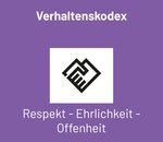 Verhaltenskodex mit den Werten Respekt, Ehrlichkeit und Offenheit, dargestellt durch ein Daumen-hoch-Symbol auf orangefarbenem Hintergrund.