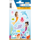 Bunte Aufkleber mit Meerjungfrauen, Fischen, Delfinen und Quallen auf einem hellblauen Hintergrund.