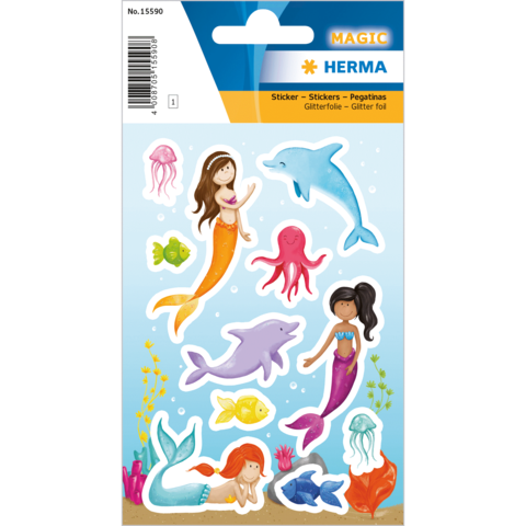 Bunte Aufkleber mit Meerjungfrauen, Fischen, Delfinen und Quallen auf einem hellblauen Hintergrund.
