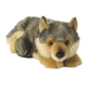 Plüschwolf mit grauem und beigem Fell, liegend mit großen, runden Augen und aufmerksamen Ohren.