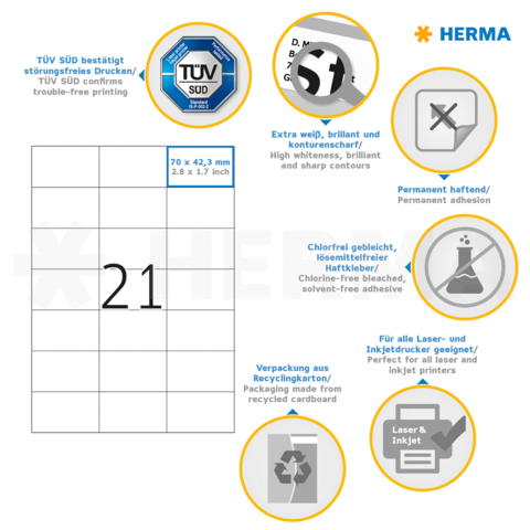 TÜV SÜD bestätigt störungsfreies Drucken. Produktdetails zu Haftetiketten: extra weiß, permanent haftend, chlorfrei, recyclingfähig, geeignet für Laser- und Inkjetdrucker.