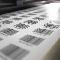 HERMA Barcode-Etiketten mit fortlaufenden Nummern, Etikettenbahn in der Digitaldruck Maschine