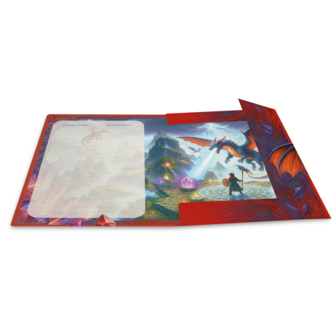 Ein offenes Notizbuch mit einer fantastischen Landschaft, einem Drachen und einem Reisenden. Die linke Seite ist leer für Notizen.