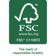 FSC-Logo mit der Aufschrift "The mark of responsible forestry" und der Website www.fsc.org, sowie der Zertifizierungsnummer FSC C110972.