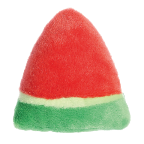 Kuschelkissen in Form eines Wassermelonenstücks mit rotem Oberteil und grünem Boden.