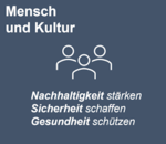 Mensch und Kultur: Nachhaltigkeit stärken, Sicherheit schaffen, Gesundheit schützen. Grafische Darstellung von drei Personen.