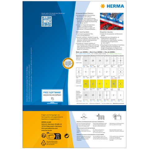 Anleitung zur Verwendung von HERMA Etiketten, einschließlich QR-Code, Softwareinformationen und Etikettenlayouts.
