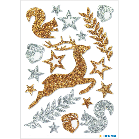 Glitzernde Aufkleber in Form von Tieren, Sternen und Blättern, darunter ein springendes Reh, ein Eichhörnchen und verschiedene Sterne.