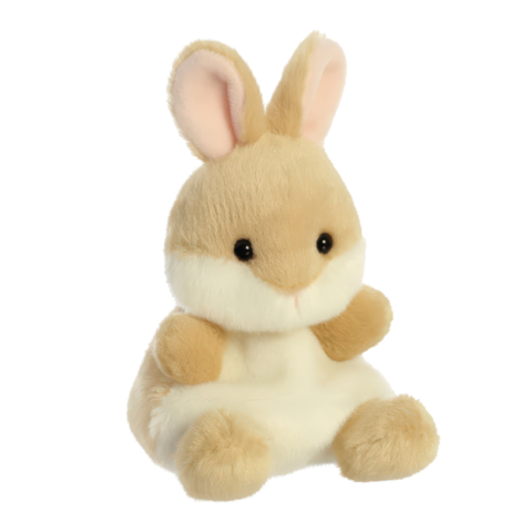 Ein niedlicher, plüschiger Hase mit beigen und weißen Farben, der aufrecht sitzt und große Ohren hat.
