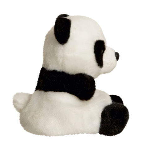 Plüschpanda in seitlicher Ansicht, mit charakteristischen schwarz-weißen Farben und einer runden Form.