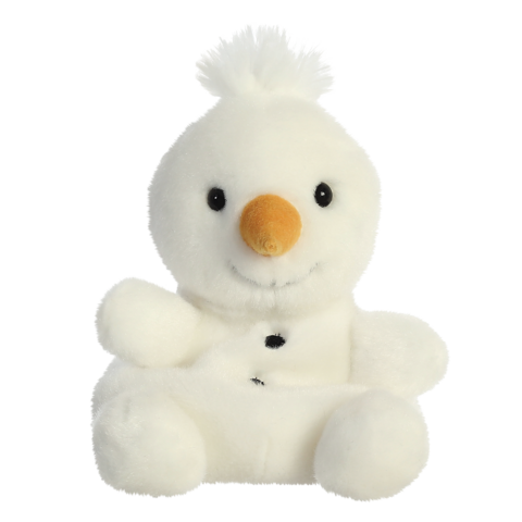 Plüschschneemann mit orangefarbener Nase, schwarzen Knöpfen und einem fröhlichen Gesicht, sitzend mit ausgestreckten Armen.