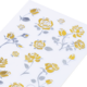 Goldene und silberne Rosenaufkleber auf weißem Hintergrund, angeordnet in verschiedenen Größen und Positionen.