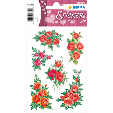 Bunte Aufkleber mit verschiedenen Rosendesigns in Rot, Pink und Grün, umgeben von Blättern. Ideal für Dekorationen und Bastelprojekte.