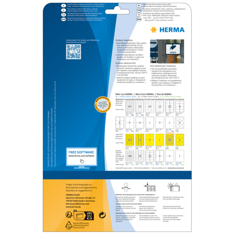 Rückseite einer Verpackung mit Anweisungen, QR-Code, und Informationen zu HERMA Produkten sowie einem Hinweis auf kostenlose Software.