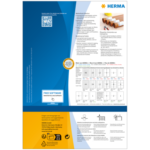 Rückseite eines Produkts von HERMA mit Informationen zu wetterfesten Etiketten, Softwareangebot und Anwendungsbeispielen.