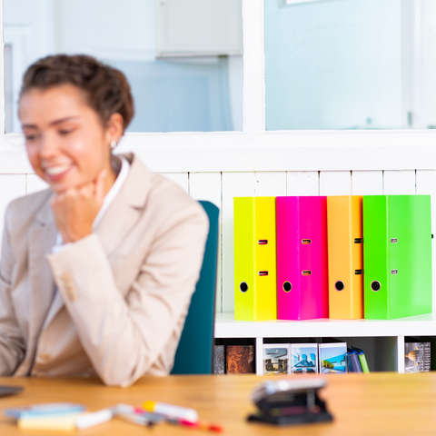 Eine Frau in einem Büro sitzt am Schreibtisch und schaut auf einen Laptop. Bunte Ordner stehen im Hintergrund.