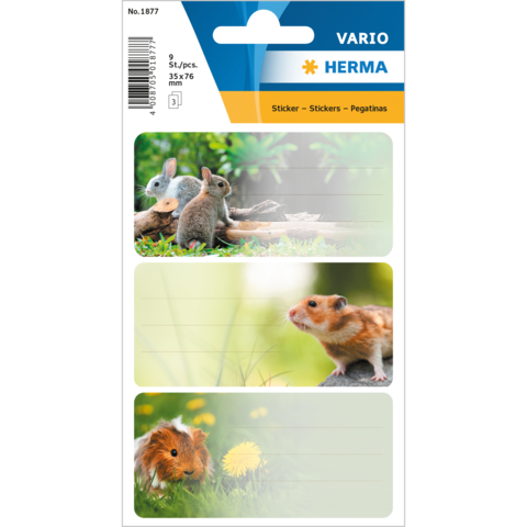 Tieraufkleber mit zwei Kaninchen, einem Hamster und einem Meerschweinchen auf einer bunten Hintergrundlandschaft.