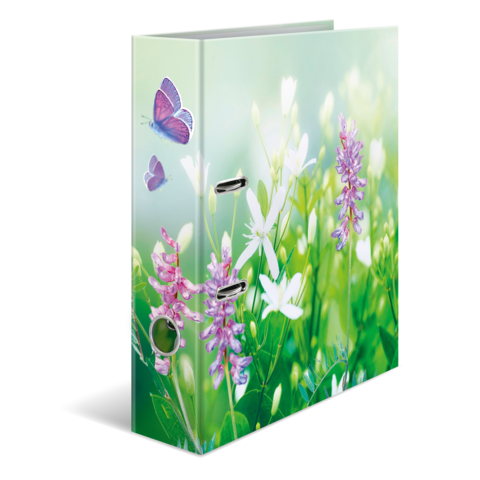 Ein Ordner mit buntem Blumen- und Schmetterlingsdesign, das eine frische, natürliche Atmosphäre vermittelt.