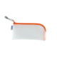 Ein weißes Federmäppchen mit orangefarbenem Reißverschluss und grauem Zipper.
