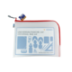 Universaltasche A4+ mit Reißverschluss, bedruckt mit verschiedenen Symbolen und Informationen zur Verwendung.