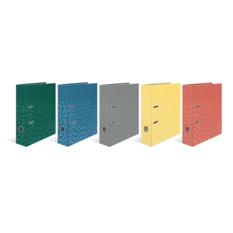 Fünf Ordner in verschiedenen Farben (grün, blau, grau, gelb, rot) stehen nebeneinander, jeder mit zwei Ringmechanismen.