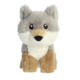 Plüschwolf mit grauem Fell, großen Augen und einem freundlichen Gesichtsausdruck, sitzt aufrecht.
