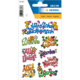 Bunte Aufkleber mit verschiedenen Texten wie "Herzlichen Glückwunsch", "Danke" und "Viel Glück", verziert mit Blumenmotiven.
