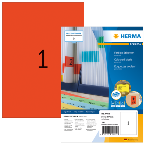 Farbiges Etikettenset von Herma, enthält 100 Etiketten in verschiedenen Farben, mit einer Größe von 210 x 297 mm.