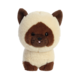 Kuscheltier in Form eines Hundes mit braunem Gesicht und Ohren, umgeben von einem hellen, flauschigen Körper.