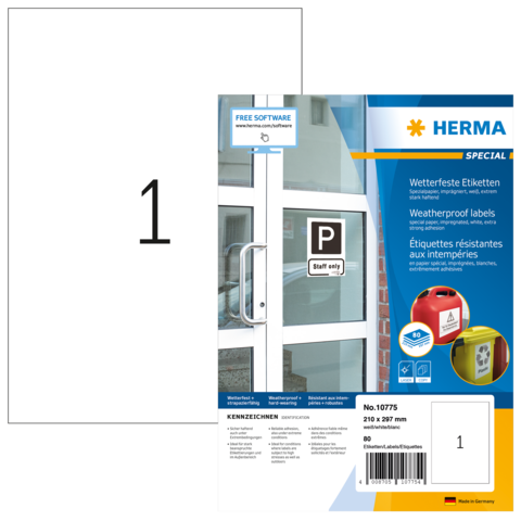 Wetterfeste Etikettenpackung von Herma mit der Aufschrift "FREE SOFTWARE" und der Artikelnummer 10775. Enthält 80 Etiketten.