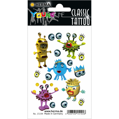 Bunte temporäre Tattoos mit cartoonhaften Figuren, darunter ein Schwein, Monster und Augen, auf einem Verkaufsblatt.
