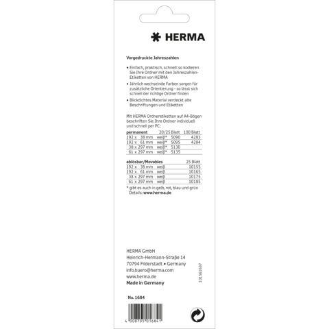 Aufkleber mit gedruckten Jahreszahlen, geeignet für A4-Bögen. Enthält Informationen zu Größen und Anwendung. Hergestellt in Deutschland.