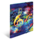 Bunte Noten und ein Violinschlüssel auf einem musikalischen Hintergrund mit lebhaften Farben und abstrakten Mustern.