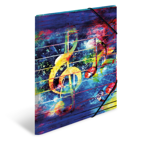 Bunte Noten und ein Violinschlüssel auf einem musikalischen Hintergrund mit lebhaften Farben und abstrakten Mustern.