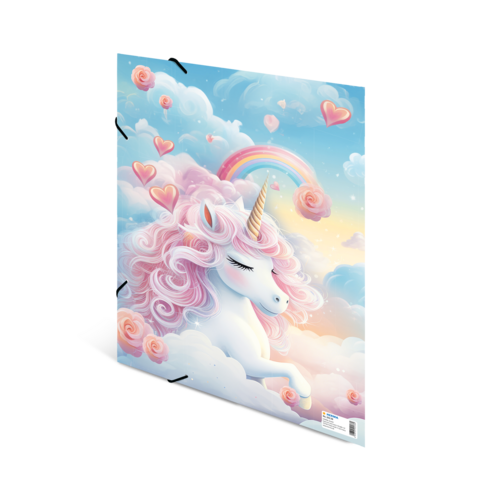 Ein Einhorn mit lockigem, rosa Haar schwebt in einer Wolkenlandschaft, umgeben von Herzen und einem Regenbogen.