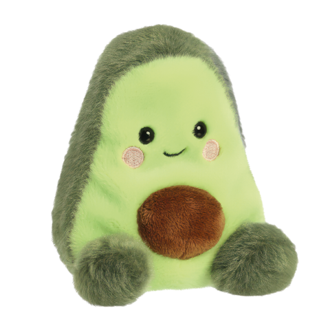Kuscheliges Avocado-Plüschtier mit einem lächelnden Gesicht und einem braunen Kern, in sanften Grüntönen gehalten.
