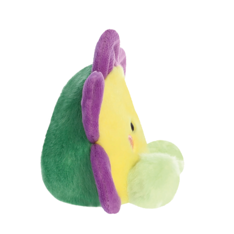 Plüschfigur in Form einer bunten Blume mit gelbem Kopf, lila und grünen Blütenblättern, seitlich betrachtet.