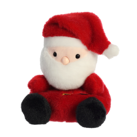 Plüsch-Santa mit rotem Hut und weißem Bart, sitzt mit einem freundlichen Gesichtsausdruck.