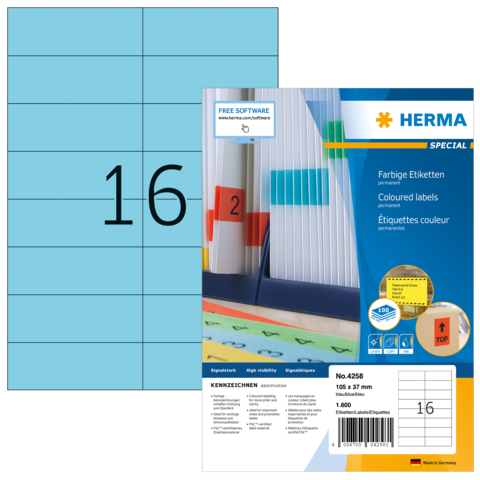 Farbige Etiketten auf einer Verpackung, mit der Aufschrift "16" und Informationen zu Größe und Verwendung.