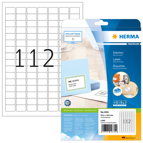 Etikettenpackung mit 112 Etiketten, inklusive Beispieletikett "MR. SUNNY" und Hinweis auf kostenlose Software zur Erstellung von Etiketten.