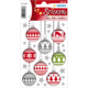 Bunte Weihnachtsaufkleber mit verschiedenen Motiven wie Kugeln, Tannenbäumen und Schneeflocken in Rot, Grün und Grau.